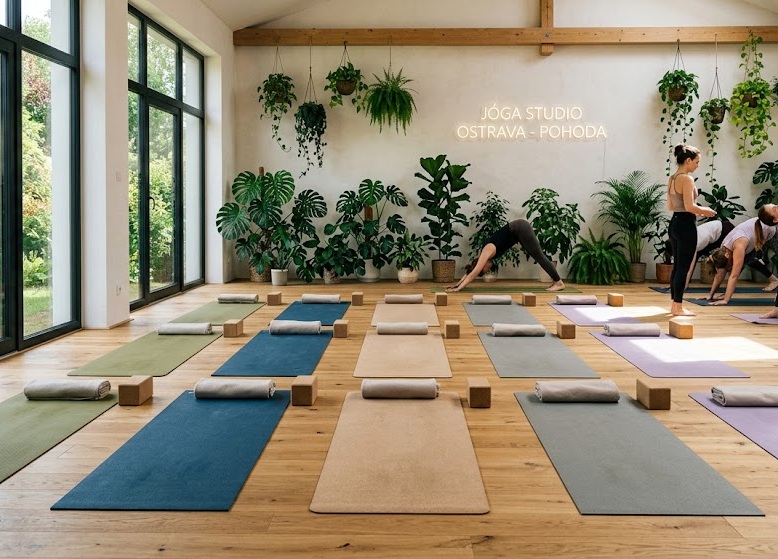 Saltele de yoga aranjate într-un studio luminos, plante verzi în fundal
