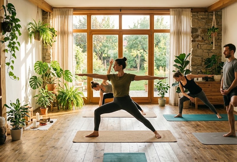 Interior senin de studio de yoga cu lumină naturală caldă și plante verzi
