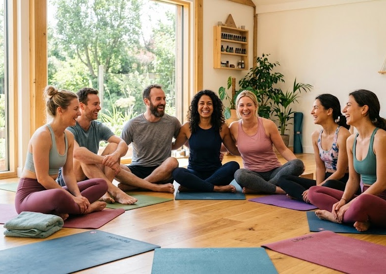 Grup de practicanți zâmbind împreună într-un studio de yoga luminos